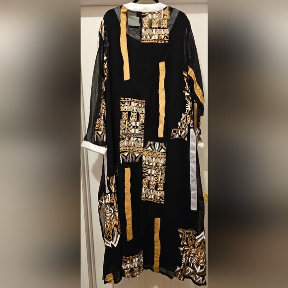 NWOT Ashro Black/Cream/Gold Nubian Dress w/Sheer Over Coat and Scarf - Picture 4 of 7